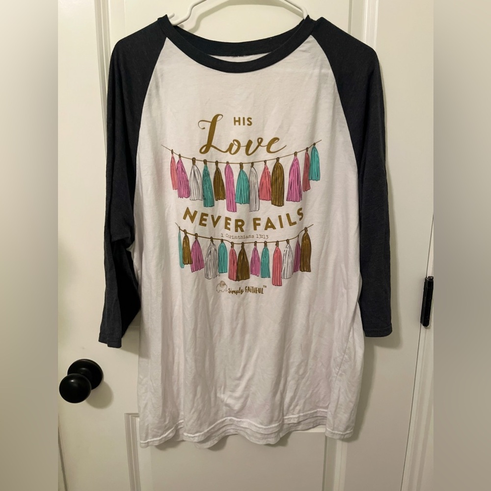 Simply Southern Simply Faithful Raglan His Love Never Fails Tassel shirt XL
